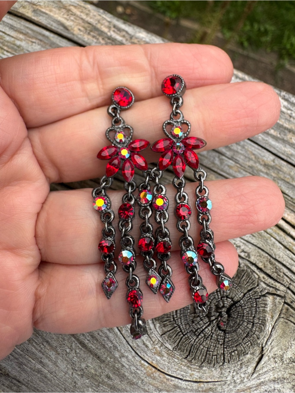 Red Crystal Floral Dangle Earrings - Women Jewelry